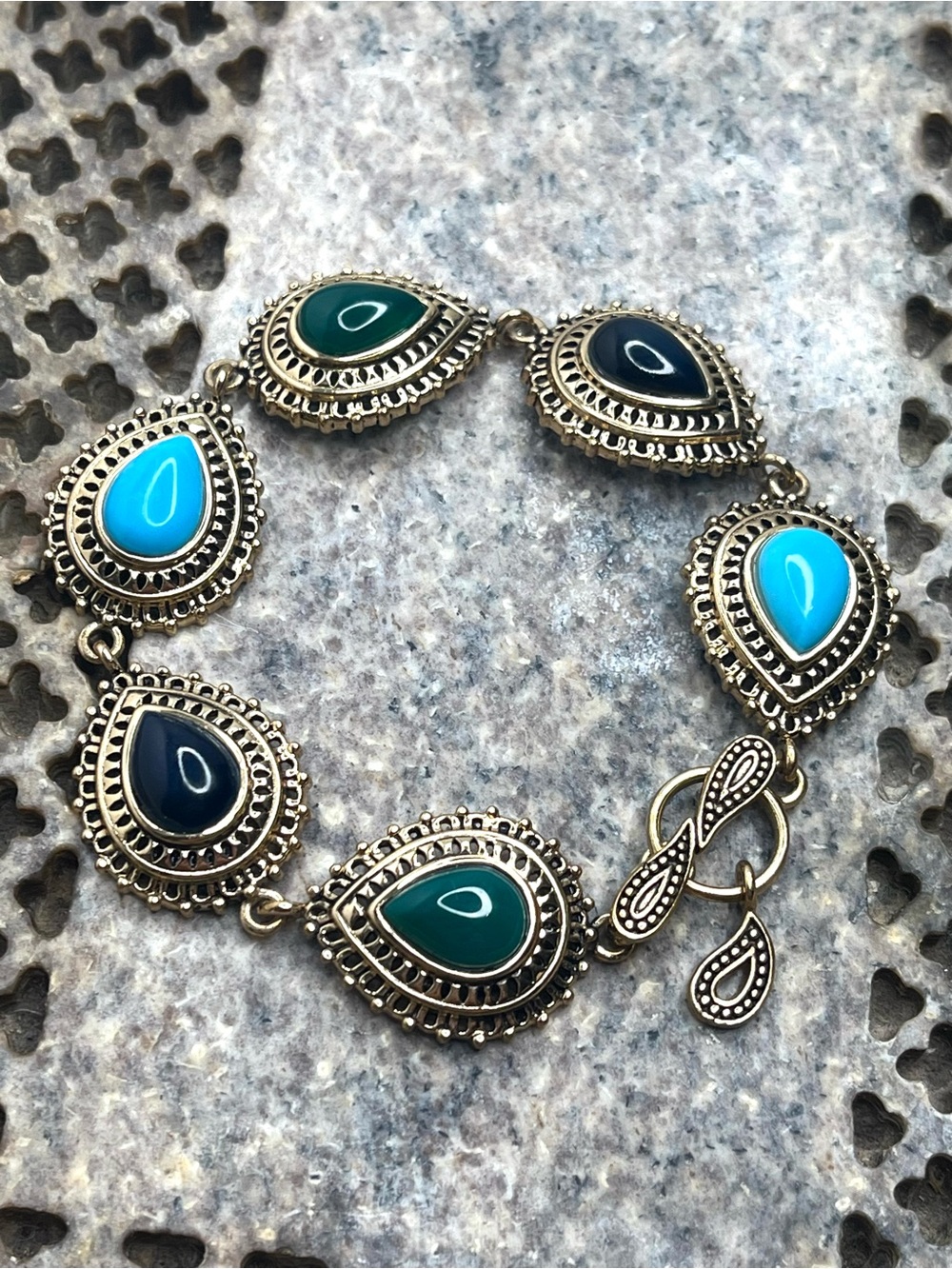 Studio Barse 7” Bronze Tone Teardrop Link Bracelet Turquoise & Onyx